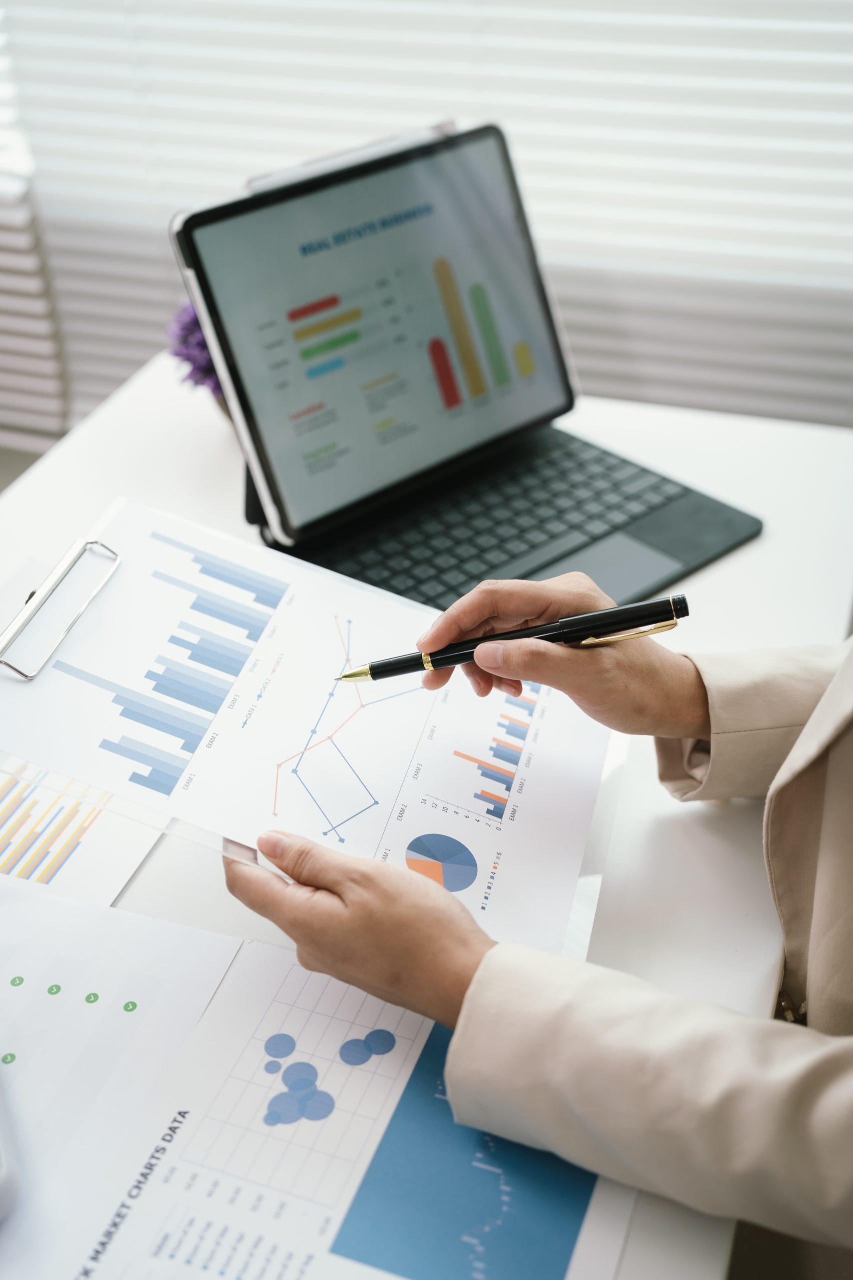 Business professional reviewing reports and performance information